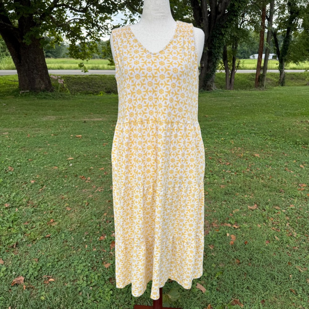 Denim & Co‎ Womens Yellow White Geometric Tiered Midi Dress L Cotton Linen Blend